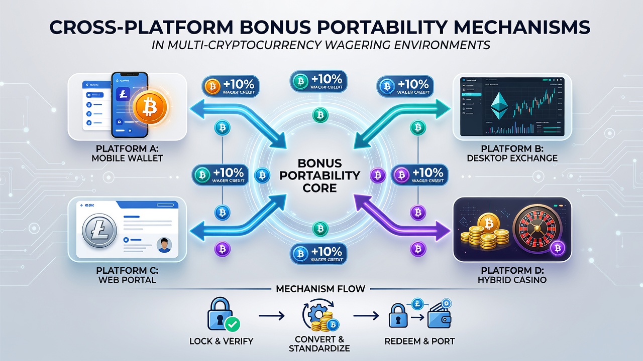 Illustration von Smart-Contract-gestützten Bonusübertragungen zwischen verschiedenen Krypto-Wettplattformen und Währungen
