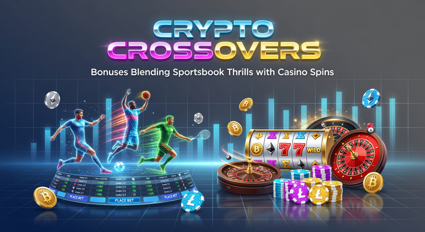 Grafik zeigt ein dynamisches Crossover zwischen Sportwetten und Casino-Symbolen mit Krypto-Elementen wie Bitcoin und Ethereum