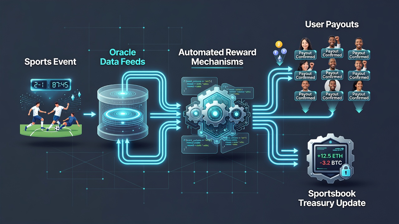 Darstellung der Datenflüsse zwischen Oracle-Feeds und automatisierten Belohnungs-Smart-Contracts