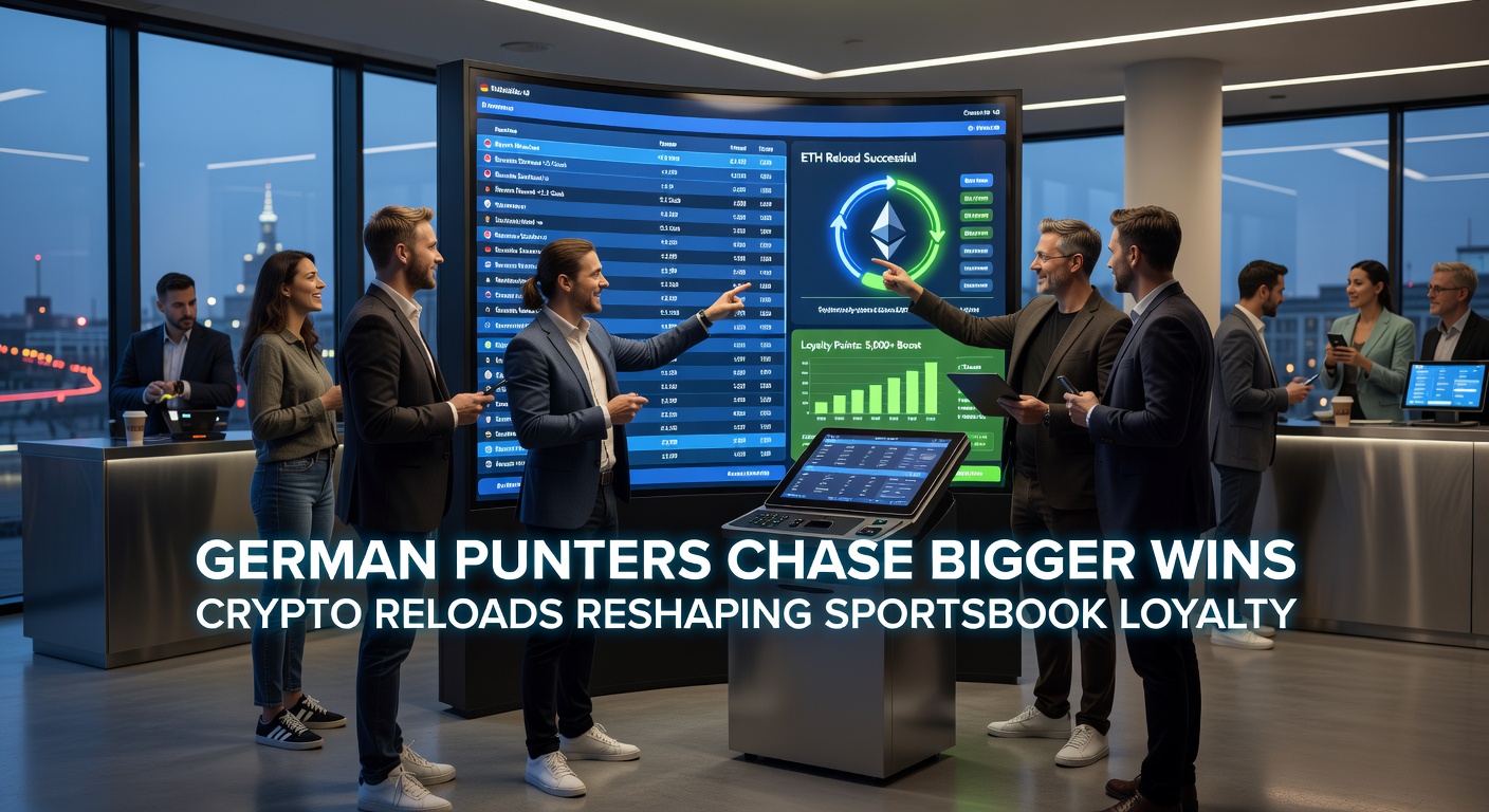 Grafik mit steigenden Kurven zu Crypto-Transaktionen und Loyalty-Raten bei deutschen Sportsbooks, inklusive Krypto-Icons