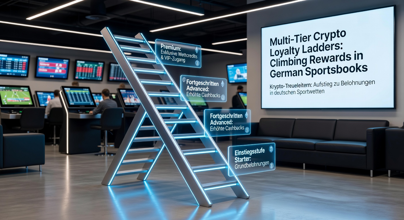 Grafik einer mehrstufigen Leiter mit Krypto-Symbolen und Belohnungsstufen in einem Sportwetten-Kontext